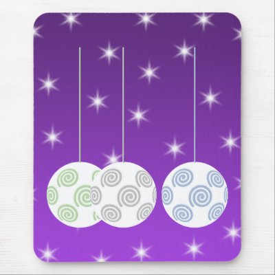 3 White Christmas Baubles on Purple Background. Mousepad by Graphics_By_Metarla