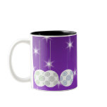 3 White Christmas Baubles on Purple Background. Coffee Mug