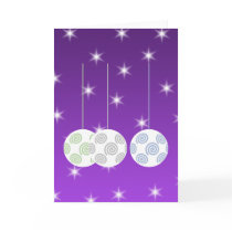 3 White Swirl Design Christmas Baubles. On Purple Greeting Cards