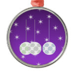 3 White Swirl Design Christmas Baubles. On Purple Christmas Ornament