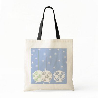 3 White Swirly Christmas Baubles. On Blue. Bags by Graphics_By_Metarla