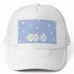 3 White Swirly Christmas Baubles. On Blue. Custom hats