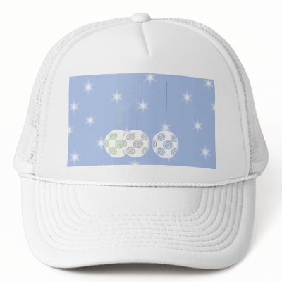 3 White Swirly Christmas Baubles. On Blue. Hat by Graphics_By_Metarla