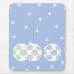 3 White Swirly Christmas Baubles. On Blue. Mouse Pads