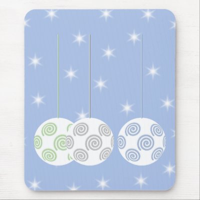3 White Swirly Christmas Baubles. On Blue. Mouse Pads by Graphics_By_Metarla