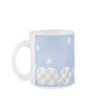 3 White Swirly Christmas Baubles. On Blue. Mug