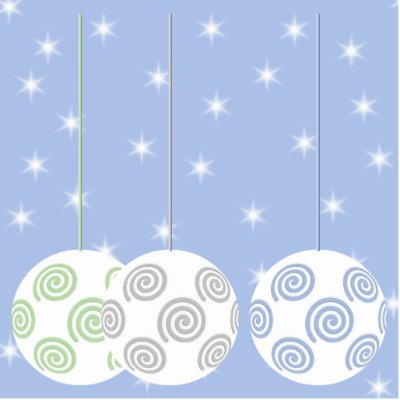 3 White Swirly Christmas Baubles. On Blue. Acrylic Cut Outs by Graphics_By_Metarla