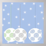 3 White Swirly Christmas Baubles. On Blue. Posters