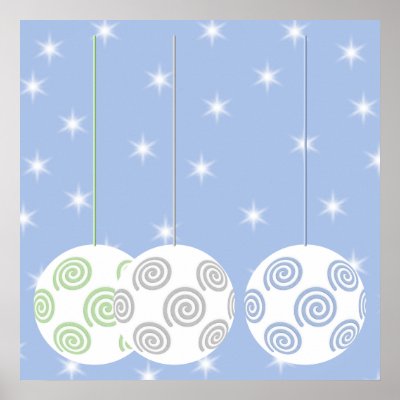 3 White Swirly Christmas Baubles. On Blue. Posters by Graphics_By_Metarla
