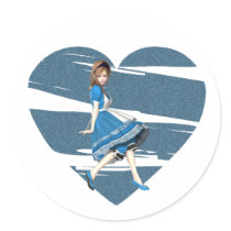 3D Alice & Blue Heart Round Stickers