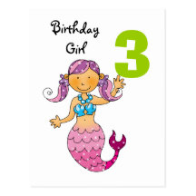 3rd birthday gift for a girl, cute mermaid postcard