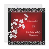 40th Birthday Asian Red Black Floral Silver White Personalized Invite