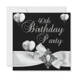 40th Birthday Party Black White Silver Balloons Invitations