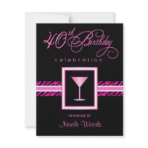 40th Birthday Party Invitations - Hot Pink Zebra