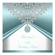 40th Birthday Party Teal Blue White Diamonds Announcements