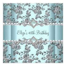 40th Birthday Party Teal Blue White Pearl Silver Announcements