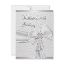 40th Birthday White Silver Metal Jewel Ribbon Personalized Invitations