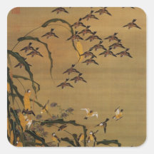 4. 秋塘群雀図, 若冲 Flock of Sparrows, Jakuchū Square Stickers