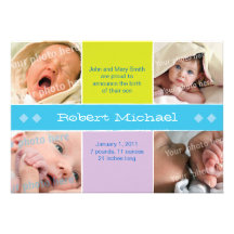 4 picture blue birth announcment personalized invitations