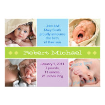 4 picture green birth announcment invitation