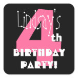 4th Birthday Custom Name Pink and Black Square Sticker