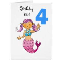 4th birthday gift for a girl, cute mermaid greeting card