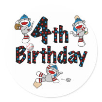 4th Sock Monkey Baseball Birthday Round Stickers
