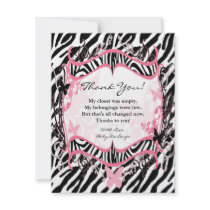4x5 FLAT Thank you Card Girl Butterfly Zebra Print