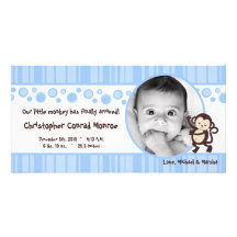 4x8 Blue Boy Pop Monkey Photo Birth Announcement Custom Photo Card