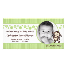 4x8 Green Pop Monkey Neut Photo Birth Announcement Photo Card Template