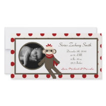 4x8 Red Sock Monkey Birth Announcement Customized Photo Card