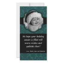 4x8 Teal Damask Ribbon Frame PHOTO Christmas Card