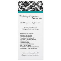 4x9 Wedding Program - Black Damask Teal Turquoise Custom Invitations