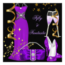 50 & Fantastic Purple Dress Black Gold Birthday Custom Invitations