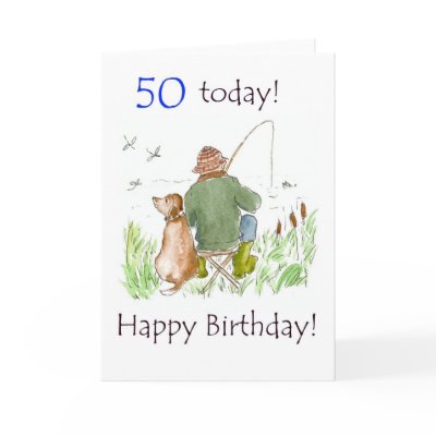 50th Birthday Card - Man Fishing with Dog by helikettle