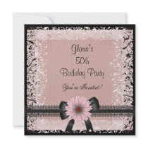50th Birthday Party Black White Beige Pink Floral Custom Invite