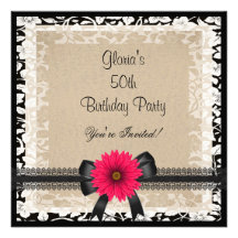 50th Birthday Party Black White Beige Pink Floral Announcements