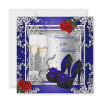50th Birthday Party Blue Red Rose Silver Custom Announcement
