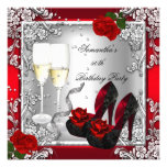 50th Birthday Party Elegant Red Rose Silver Custom Announcement