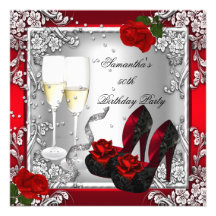 50th Birthday Party Elegant Red Rose Silver Custom Announcement
