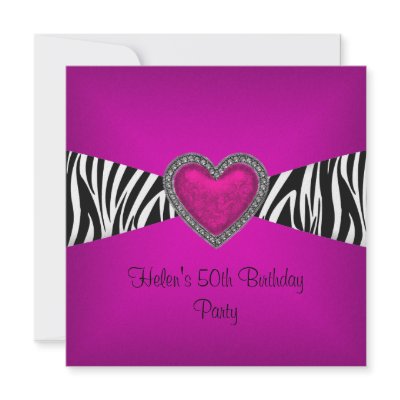 50th Birthday Party Pink Zebra Heart Black White Personalized Invitations by Zizzago