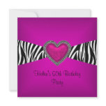 50th Birthday Party Pink Zebra Heart Black White invitations