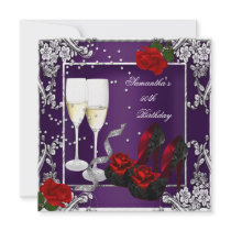 50th Birthday Party Purple Red Rose Silver Custom Invites