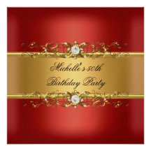 50th Birthday Party Red Gold Diamond Jewel 50 Invitation