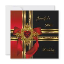 50th Birthday Party Red Gold Heart Jewel Personalized Announcements