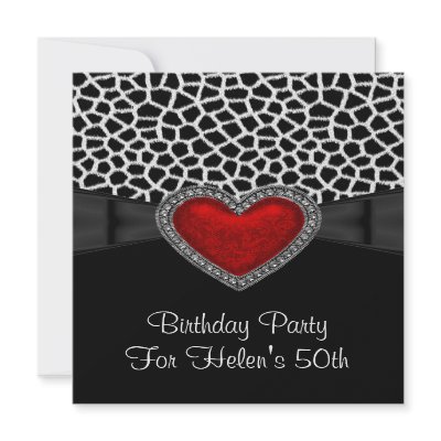 50th Birthday Party Red Heart Jewel Giraffe Black Invite by Zizzago