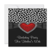 50th Birthday Party Red Heart Jewel Giraffe Black Invite