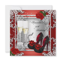 50th Birthday Party Red Rose Silver Invitations