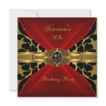 50th Birthday Red Gold Black Damask Floral Jewel Invitations