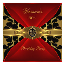 50th Birthday Red Gold Black Damask Floral Jewel Invitations